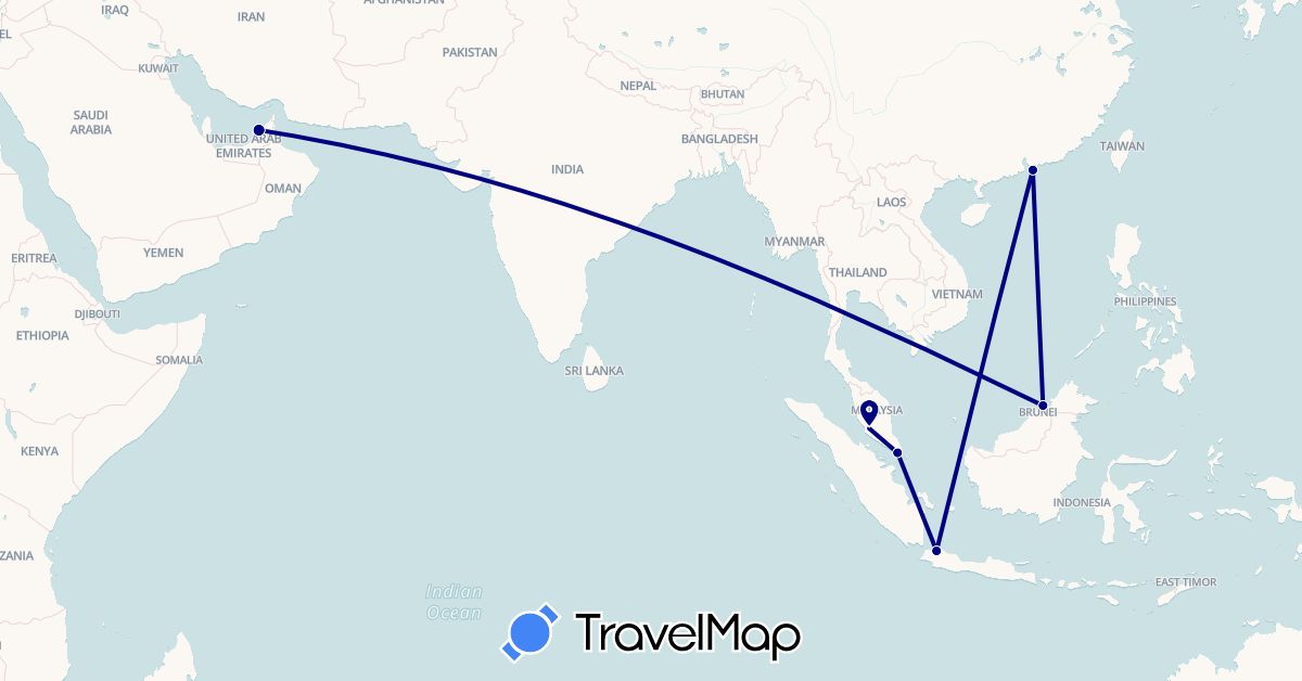 TravelMap itinerary: driving in United Arab Emirates, Brunei, China, Indonesia, Malaysia, Singapore (Asia)